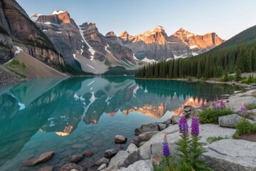 Majestic mountain lake reflection at sunrise travel