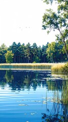 Calm lake reflects forest; bright day, serene view