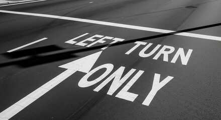 Asphalt Road Surface Displaying White Road Markings for Left Turn, Monochrome Photography