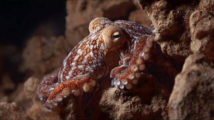 Obraz premium Small brown and white octopus is sitting on a rock. The octopus is looking up at the camera