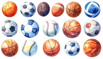 Sports balls collection, painted watercolor style design