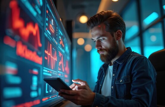 Man analyzes data on large screen with graphs. He uses tablet device for input. Futuristic interface displays information. Person works in modern tech office.