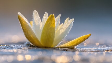 patera. Water lily petals unfolding at dawn with morning dew on serene pond. gardening catalogs, home-decor guides, designed for gardening and botanical catalogs, used by ngo communicators.