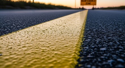 Asphalt Road Surface Illuminated With Painted Yellow Line At Dusk Leading To Road Signs