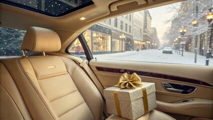 Winter gift inside a luxurious car during snowfall
