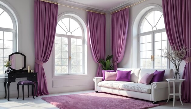 Elegant room with large arched windows, plush purple drapes, and a white sofa. A vanity table with mirror sits near the window. Soft pink and violet pillows accent the couch. - Powered by Adobe