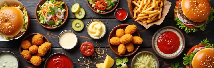 Flat lay of fast food items. Includes burgers, fries, chicken nuggets, salads and dipping sauces arranged on a dark wooden table. Offers a variety of meal choices and snacks.