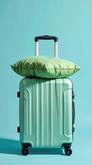 Teal suitcase topped with green pillow, bright studio shot