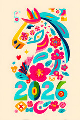 Fototapeta premium Colorful Pop Art Horse Illustration with Flowers for 2026 New Year