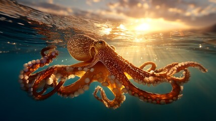 Large octopus is swimming in the ocean. The sun is setting in the background, casting a warm glow on the water. The scene is peaceful and serene, with the octopus blending in with its surroundings