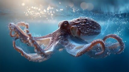Large octopus is swimming in the ocean. The water is blue and the octopus is surrounded by bubbles