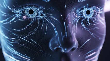 Artificial intelligence face formed by glowing lines of light. Digital data flows across a humanoid head creating a neural network. Futuristic technology and cybernetic consciousness concept - Powered by Adobe
