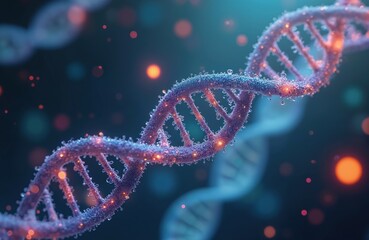 Abstract 3D model of DNA helix structure. Futuristic digital representation of genetic code. Microscopic view of molecular biology, helix strands glow with light particles.