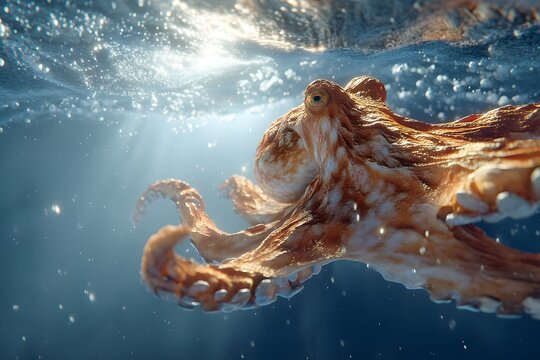 Large octopus is swimming in the ocean. The water is clear and the sun is shining brightly