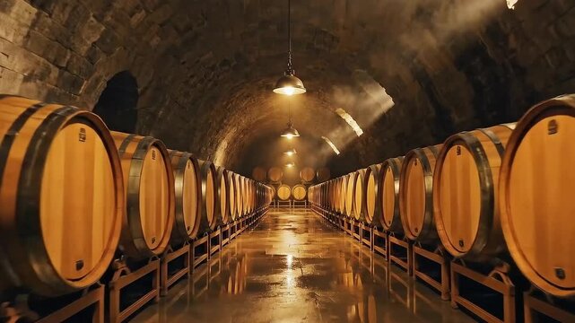 Underground wine cellar with rows of oak barrels and a reflective wet floor, showcasing the traditional art of beverage aging