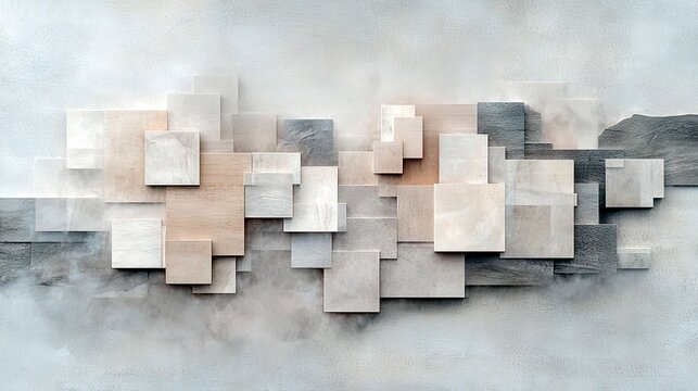 A composition of overlapping square and rectangular shapes with varied textures and muted colors, creating an abstract, modern design.