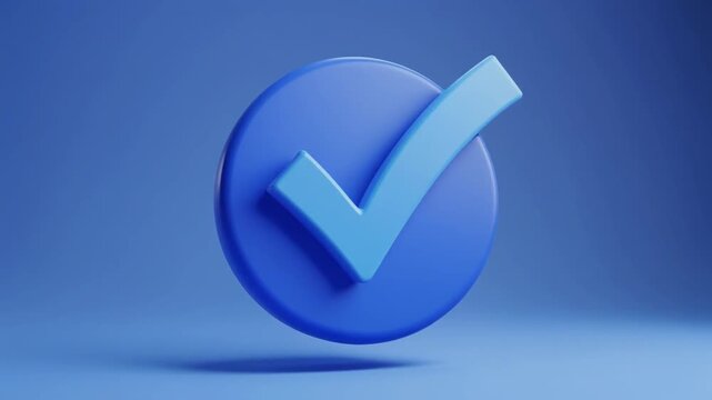 Blue check mark icon. Symbol of approval. 3D rendering, modern illustration. Light backdrop. Close-up.
