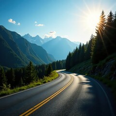Curving mountain road, sunlit, flanked by dark green conifer forest , dark green, photography