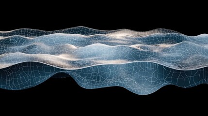 A digital representation of a wavy surface, rendered with a blue hue and a white grid pattern, set against a stark black backdrop.