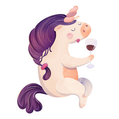 Cute watercolor unicorn. Adorable baby unicorns with purple mane holding wine glass, blushing cheeks. Funny magical design for kids fabric, nursery wallpaper, party decor, stationery, gift wrap
