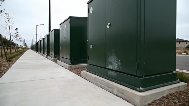 Forward moving shot of electrical utility boxes on a suburban street. Power grid and connectivity infrastructure for a new community