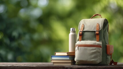 Obraz premium Inspiring back to school vibe with vintage backpack, books and water bottle ready for a new adventure in education and learning outdoors