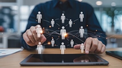 Person touching digital screen with people icons representing social network