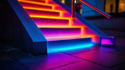 Vibrant illuminated stairs beckon with shades of neon hues in a mesmerizing design. This captivating scene emphasizes modern architecture and artistic expression. Generative AI