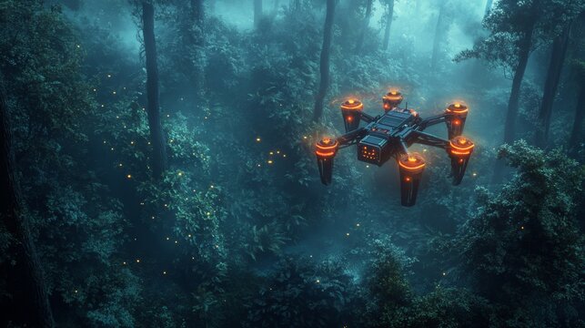 A drone hovers above the lush forest. The vibrant colors contrast beautifully with the dense greenery below. Explore technological marvels in nature. Generative AI