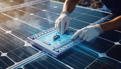 A person in gloves working on a glowing circuit board placed on solar panels, symbolizing innovation in renewable energy technology.