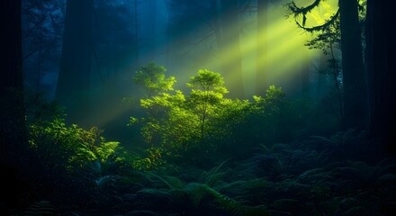 Obraz premium Sunlight streaming through dense forest canopy illuminating lush green foliage