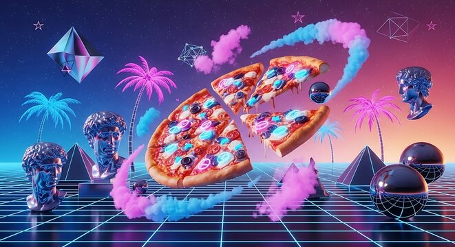 Vibrant Neon Pizza Slices in a Retro-Futuristic Grid Landscape with Abstract Elements.