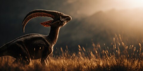 Ram grazing in a field under a beautiful sunset sky creating a peaceful and serene atmosphere
