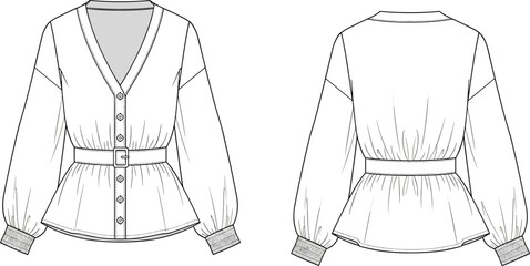 Vector technical fashion drawing of women&rsquo;s belted blouse featuring V-neckline, button-down front, puff sleeves, gathered waist, and detailed garment flat sketch.