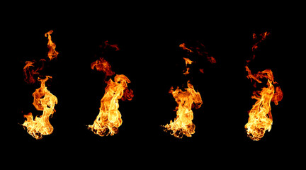 Realistic flames rising on a black background with dynamic movement, bright orange color and clear...