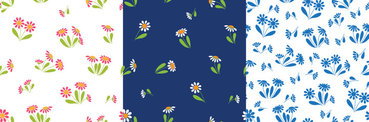 Colorful daisy seamless pattern set &ndash; pastel, dark, and monochrome