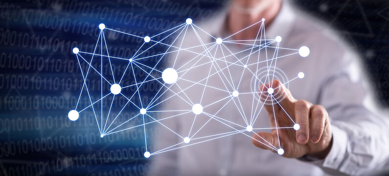 Man touching a virtual network - Powered by Adobe