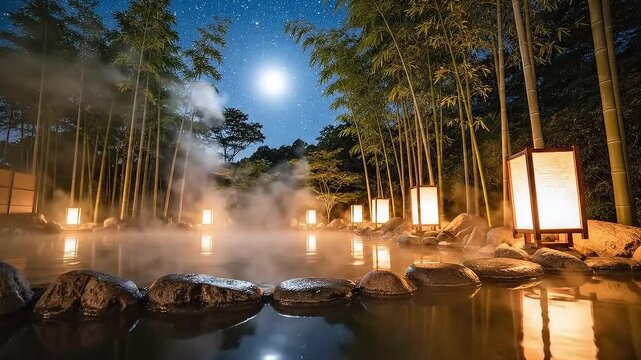 Serene night at an onsen Tranquil hot spring under the starry sky and moonlit ambiance