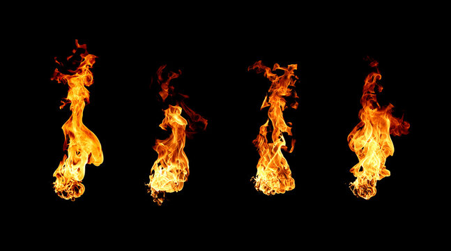 Realistic flames rising on a black background with dynamic movement, bright orange color and clear fire texture. Perfect for visual effects, design.