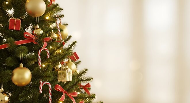 Festive christmas tree decorations with ornaments and lights holiday season - Powered by Adobe