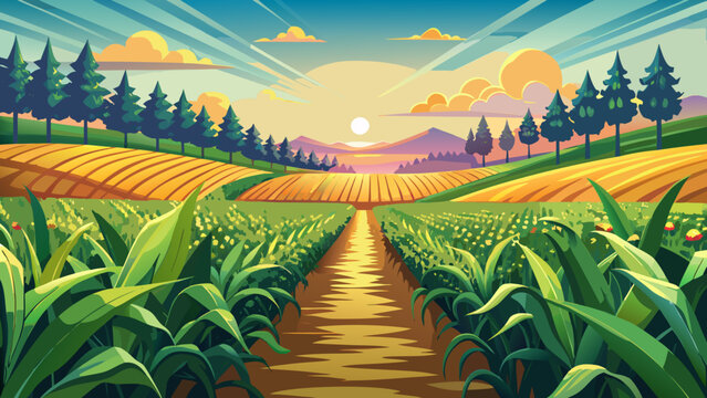 Very beautiful scenic view of a vast corn farm field during summer harvest in rural Ukraine, showing endless green rows, soft warm sunlight, and peaceful agricultural scenery without any time-specific