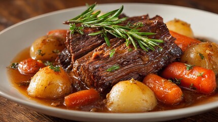 Delicious pot roast with tender carrots and potatoes seasoned with rosemary on rustic wood table for a comforting meal tonight