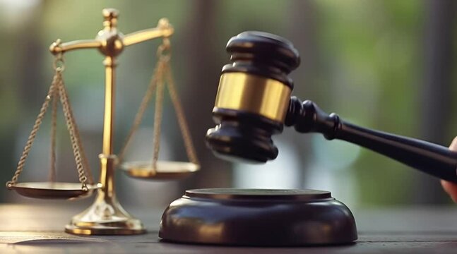 Judge's gavel striking the sounding block next to the scales of justice symbolizing law judgment and fairness