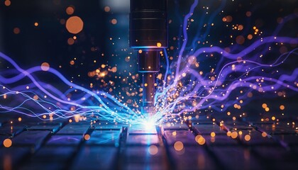 Obraz premium Close-up of a high-energy industrial process with bright blue and purple light, sparks, and electrical arcs on a metallic surface, showcasing advanced manufacturing.