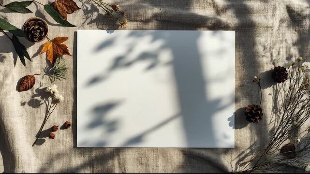 A white blank rectangular card or frame on a textured fabric background with natural elements like green leaves, white, purple, and orange flowers, and pine cones, with sunlight shadows.