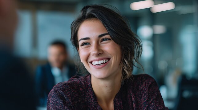 Radiant businesswoman smiles with confidence during a meeting in a modern office space, showcasing collaboration and success, a vibrant professional portrait - Powered by Adobe