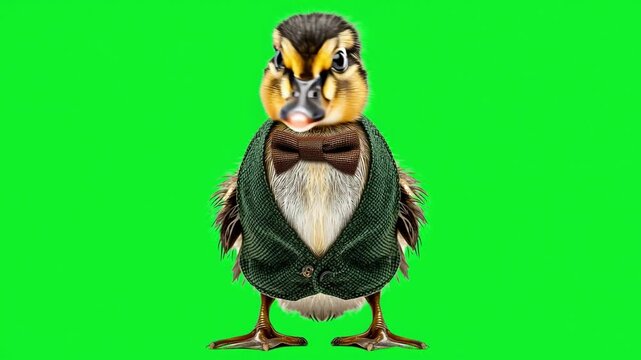 Stylish Duck in Suit with Bow Tie on Bright Green Background for Creative Projects and Illustrations