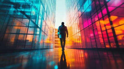 A figure walks through a vibrant corridor of colorful glass. The light reflects a world of possibilities. Dreams await beyond the translucent barriers. Generative AI
