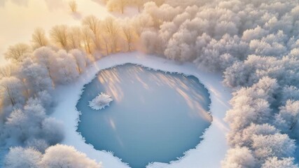 Aerial view of a serene frozen lake surrounded by frosty trees, illuminated by the soft glow of sunrise in winter - Powered by Adobe