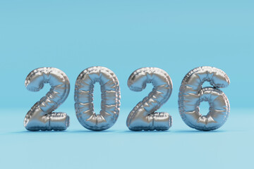 Silver foil balloons forming 2026 year on blue background